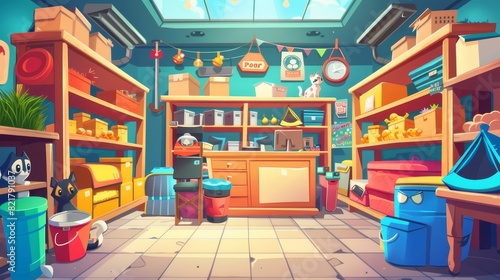 An interior view of the interior of a pet shop, a domestic animal shop, with a counter, accessories, food, cat and dog houses, toys, and tin cans on shelves. Cartoon illustration of a petshop photo