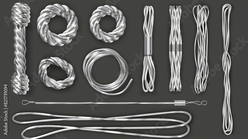 A realistic 3D modern set of metal hawser, rope, steel cord in various sizes, twisted cables in various colors and twisted cables in silver colors. Decorative sewing items or industrial items photo