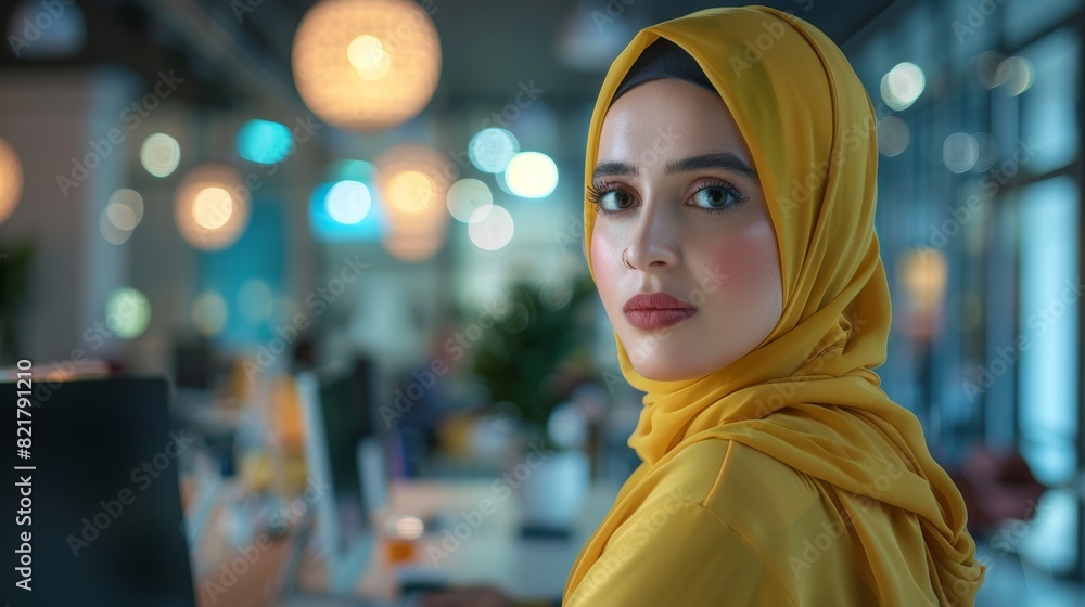 Arab Businesswoman Sitting in Creative Agency, Manager Implementing Modern Business Strategy for Client. Female Browsing Internet, Shopping Online on Computer. Arab Businesswoman Sitting in Creative Agency, Manager Implementing Modern Business Strategy for Client. Female Browsing Internet, Shopping Online on Computer.