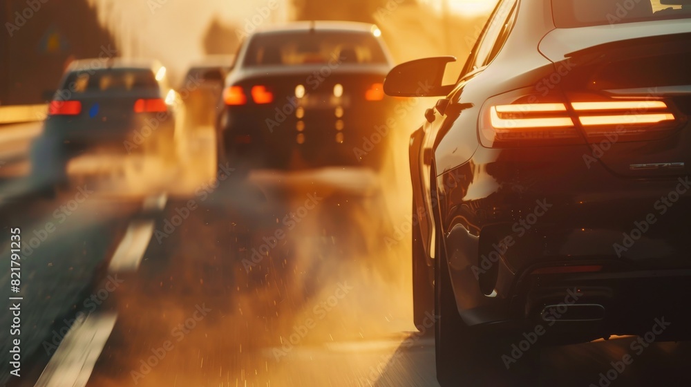 Fototapeta premium The police chases a criminal on the highway in a vehicle, sirens blazing, dust flying. Stylish dawn shot of the action scene.