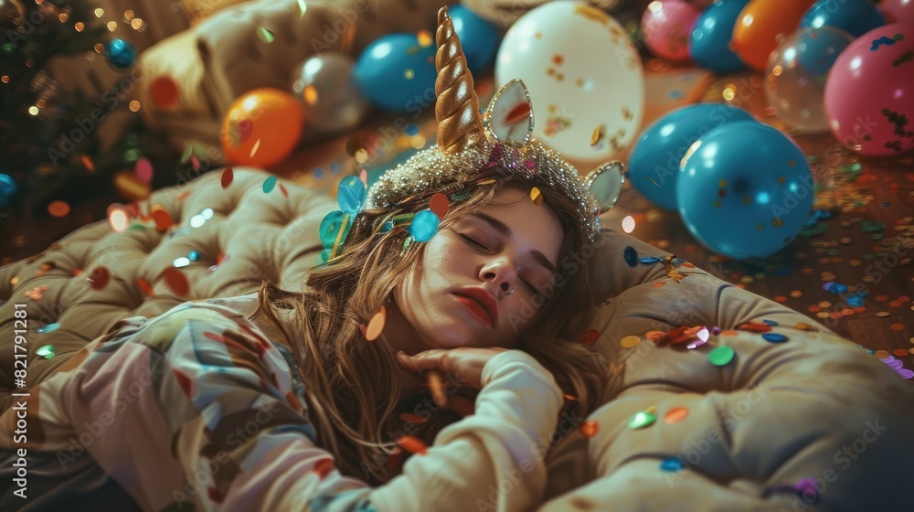 Drunk young woman wearing unicorn hat, slumped on the couch at new years party with balloons and confetti everywhere. Drunk young woman wearing unicorn hat, slumped on the couch at new years party with balloons and confetti everywhere.