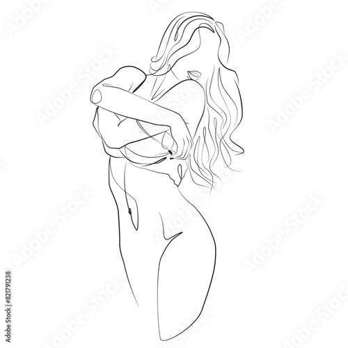 Girl undresses one line drawing. Slim beautiful girl takes off her clothes. Line image of a beautiful girl. Woman line art. Printing on T-shirts, wallpapers, etc. Female poster.