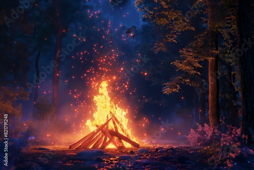 bonfire campfire in the middle of the forest by generative ai