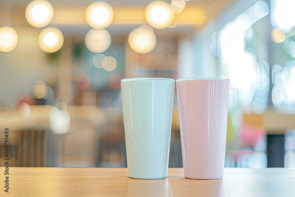 Pink and white cups on the table in cafe with blurred background. Pink and white cups on the table in cafe with blurred background.