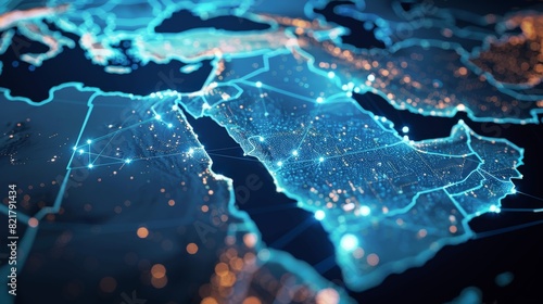 An abstract map of Saudi Arabia, Middle East, and North Africa highlights the concept of global network and connectivity. This visualization represents 