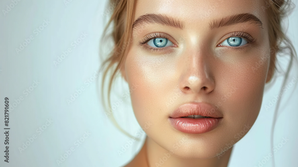Beauty Woman face Portrait. Beautiful Spa model Girl with Perfect Fresh Clean Skin. Blonde female looking at camera and smiling. Youth and Skin Care Concept. Isolated on a white background Beauty Woman face Portrait. Beautiful Spa model Girl with Perfect Fresh Clean Skin. Blonde female looking at camera and smiling. Youth and Skin Care Concept. Isolated on a white background