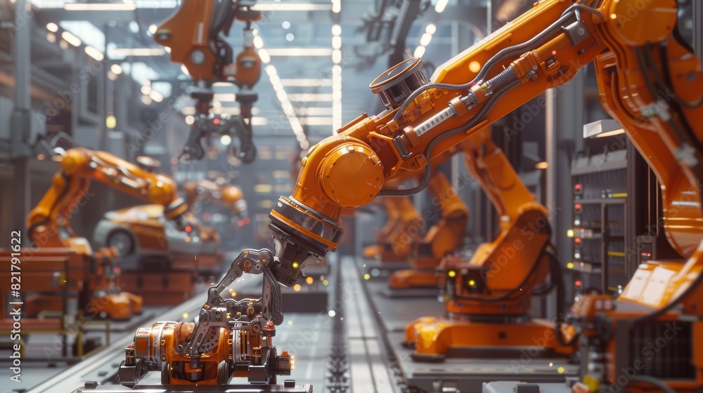 3D Render of a Car Factory: An automated robot arm assembly line manufacturing high-tech electric vehicles. Construction, Building, Welding Industrial Production Conveyor. Wide exposure, elevated. 3D Render of a Car Factory: An automated robot arm assembly line manufacturing high-tech electric vehicles. Construction, Building, Welding Industrial Production Conveyor. Wide exposure, elevated.