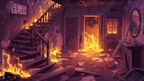 Modern cartoon interior of burning old abandoned house with dirty walls  boarded up door  garbage  broken wooden staircase and floor.
