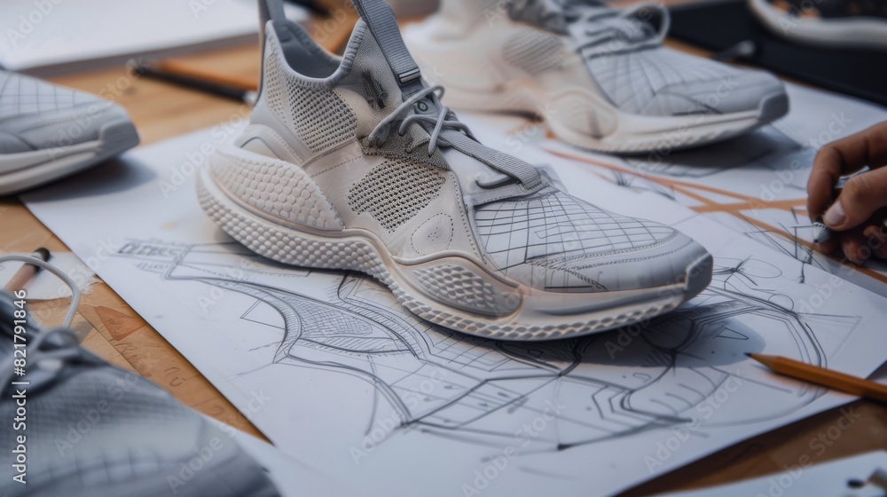 Detailed description on paper of every element of an upcoming fashion shoe design. Design of designer sneakers for the upcoming fashion season. Detailed description on paper of every element of an upcoming fashion shoe design. Design of designer sneakers for the upcoming fashion season.