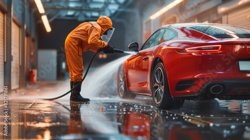 This advertisement shows a professional detailer and polisher using a high pressure washer to clean and prepare a red sports coupe for details, polishing and waxing photo