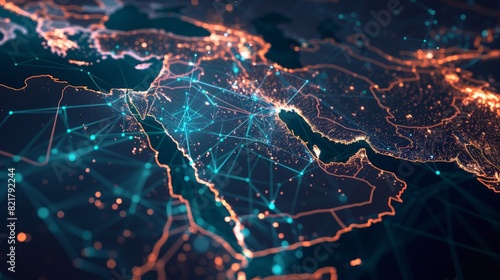 An abstract map of Saudi Arabia, Middle East, and North Africa highlights the concept of global network and connectivity. This visualization represents data transfer, cyber technology, and seamless  photo