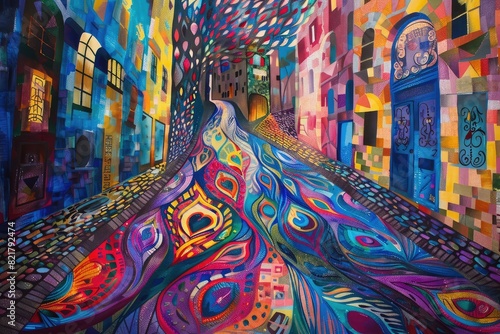 The image is an abstract painting of a city street