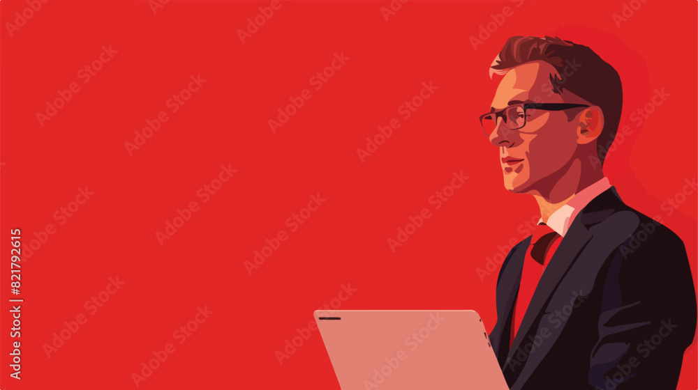 Portrait of male businessman with laptop on red background