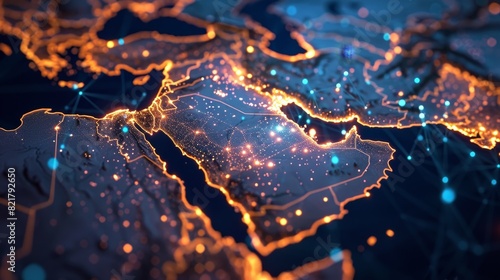 Wallpaper Mural An abstract map of Saudi Arabia, Middle East, and North Africa highlights the concept of global network and connectivity. This visualization represents data transfer, cyber technology, and seamless  Torontodigital.ca
