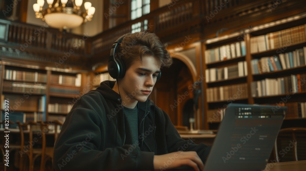 Fototapeta premium Young Caucasian male student engaging in online education, wearing headphones and using a laptop in a classical library.