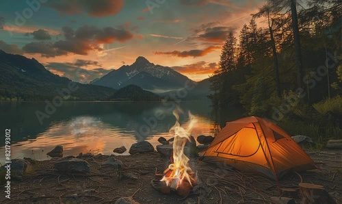 camping in the mountains with bonfire photo