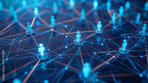The image shows a network of connected people. It could be used to represent a social network, a business network, or any other type of network. The image is blue and white. photo