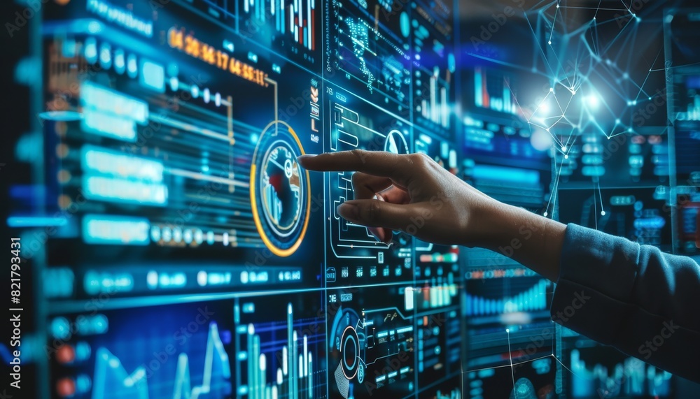 The image shows a person in a dark room touching a futuristic user interface with a lot of data and graphs. The image shows a person in a dark room touching a futuristic user interface with a lot of data and graphs.