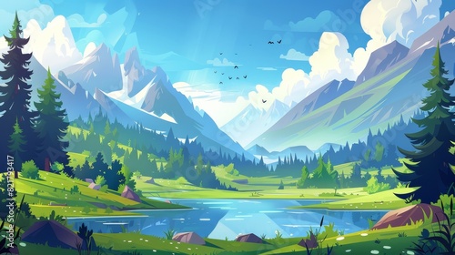 The summer forest landscape, with ponds and spruces under a blue sky with fluffy clouds and flying birds, is a cartoon parallax background.