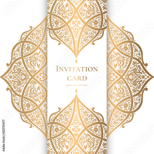 Gold vintage greeting card design with a white background. Luxury vector ornament template. Mandala. Great for invitation, flyer, menu, brochure, wallpaper, decoration, or any desired idea.