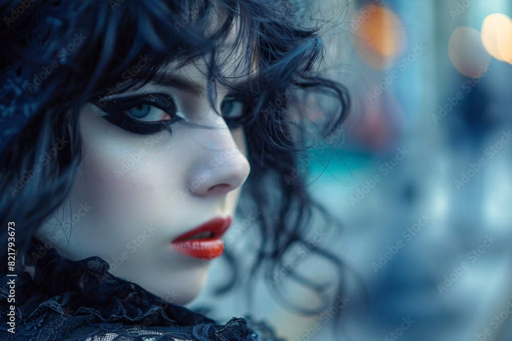 Face of young woman in gothic style with red lips in street Face of young woman in gothic style with red lips in street