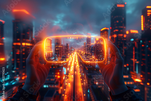 Human hands holding futuristic glasses with city lights background