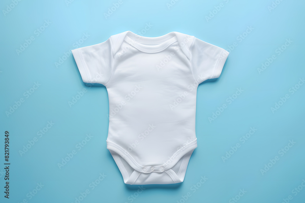 Blank white cotton baby short sleeve bodysuit top view isolated on pastel blue background Blank white cotton baby short sleeve bodysuit top view isolated on pastel blue background