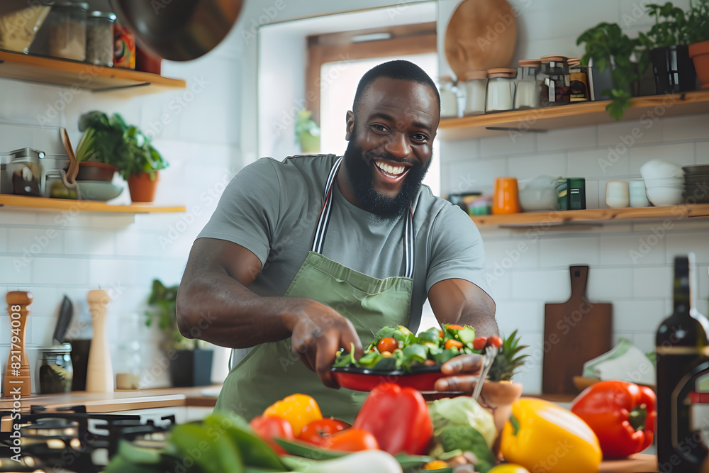 A cheerful bearded Black man preparing a fresh salad in a bright kitchen, surrounded by vegetables. AI A cheerful bearded Black man preparing a fresh salad in a bright kitchen, surrounded by vegetables. AI