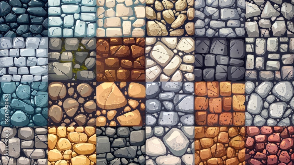 Game background with stone textures of pavement and squares. Modern cartoon seamless patterns of cobblestones, rocks, bricks, rubble and rocks. Game background with stone textures of pavement and squares. Modern cartoon seamless patterns of cobblestones, rocks, bricks, rubble and rocks.