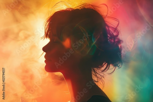 The photo shows a young woman with colorful lights shining on her face. She is looking away from the camera with her eyes closed. Her hair is flowing around her head.