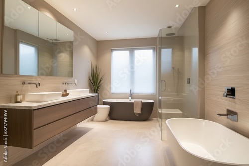 Modern Beige Bathroom Design With Wood And Marble Vanity Unit