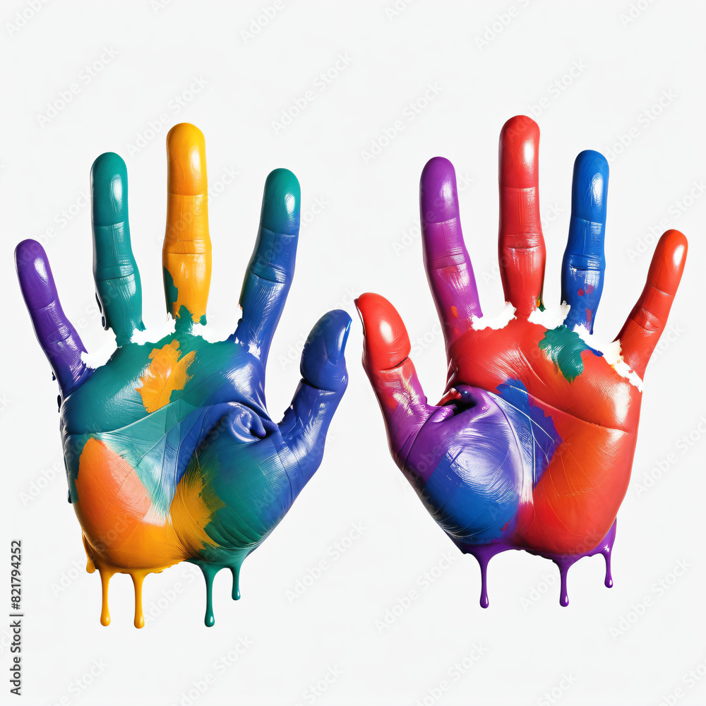 colorful isolated imprint of two hands on white background colorful isolated imprint of two hands on white background