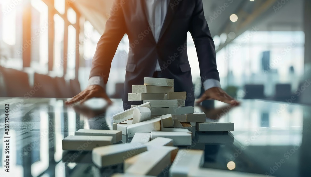 The photo shows a man in a suit stacking blocks on a table The photo shows a man in a suit stacking blocks on a table