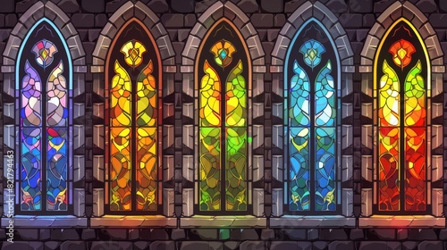 An interior catholic cathedral  castle  palace  chapel and antique house with colorful stained glass windows and stone frames.