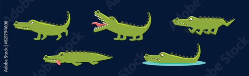 Cute Green Crocodile Animal Engaged in Different Activity Vector Set