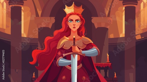 Young ginger girl fighter portrait in royal palace, cartoon character, Modern illustration of an ancient warrior woman, medieval female knight, heraldic soldier with sword, guard with blade in red photo