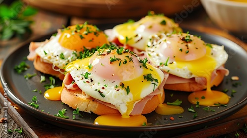 Picture-perfect Eggs Benedict adorned with savory ham, promising a mouthwatering start to your day.