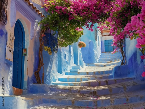 A picturesque blue-painted alleyway adorned with a lush bougainvillea in a Mediterranean setting © cherezoff