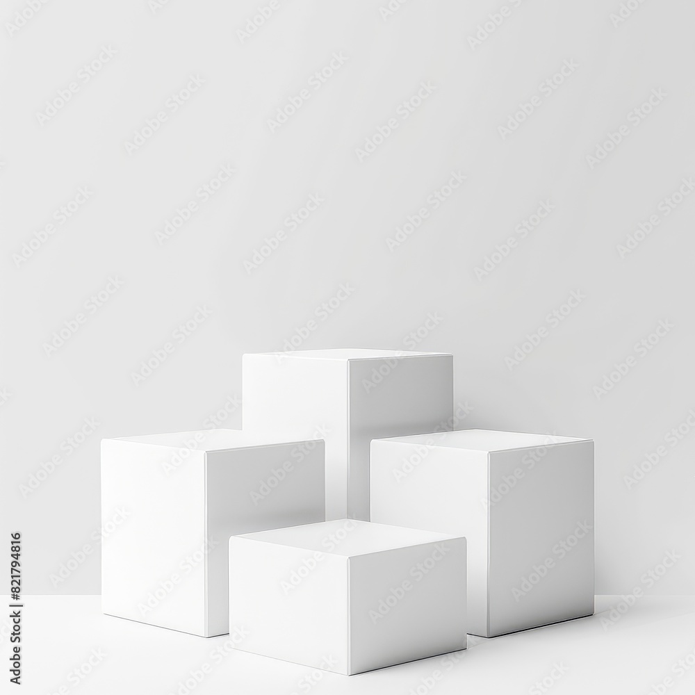 White 3D cubes on white background. Abstract minimal geometric shapes. Empty podiums for product presentation. Modern showcase for product display. White 3D cubes on white background. Abstract minimal geometric shapes. Empty podiums for product presentation. Modern showcase for product display.