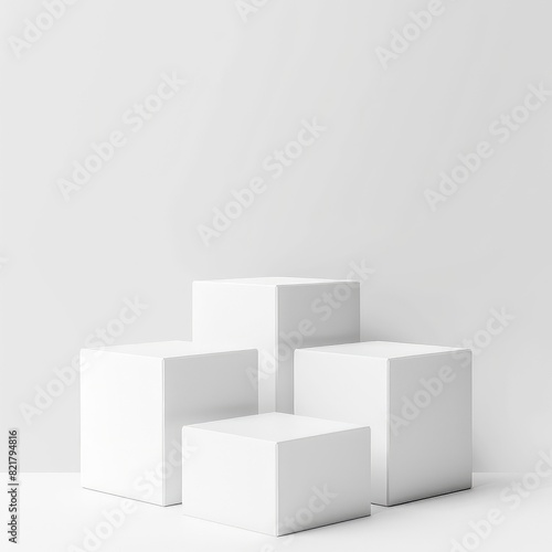 White 3D cubes on white background. Abstract minimal geometric shapes. Empty podiums for product presentation. Modern showcase for product display.