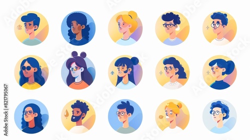 A collection of people avatars, faces of male and female characters, with different appearances for social media, web design, flat modern line art illustrations.