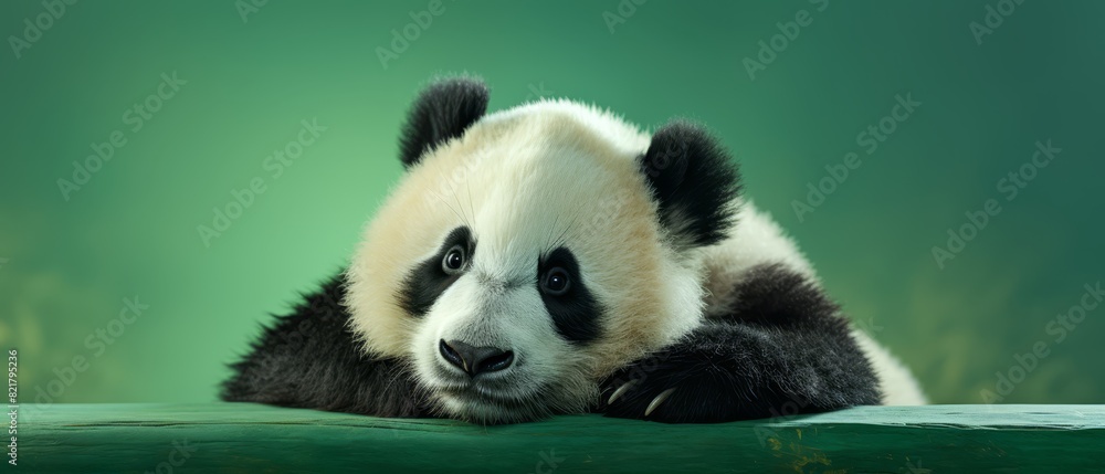 Obraz premium Sad panda on green background, soft lighting, space for text