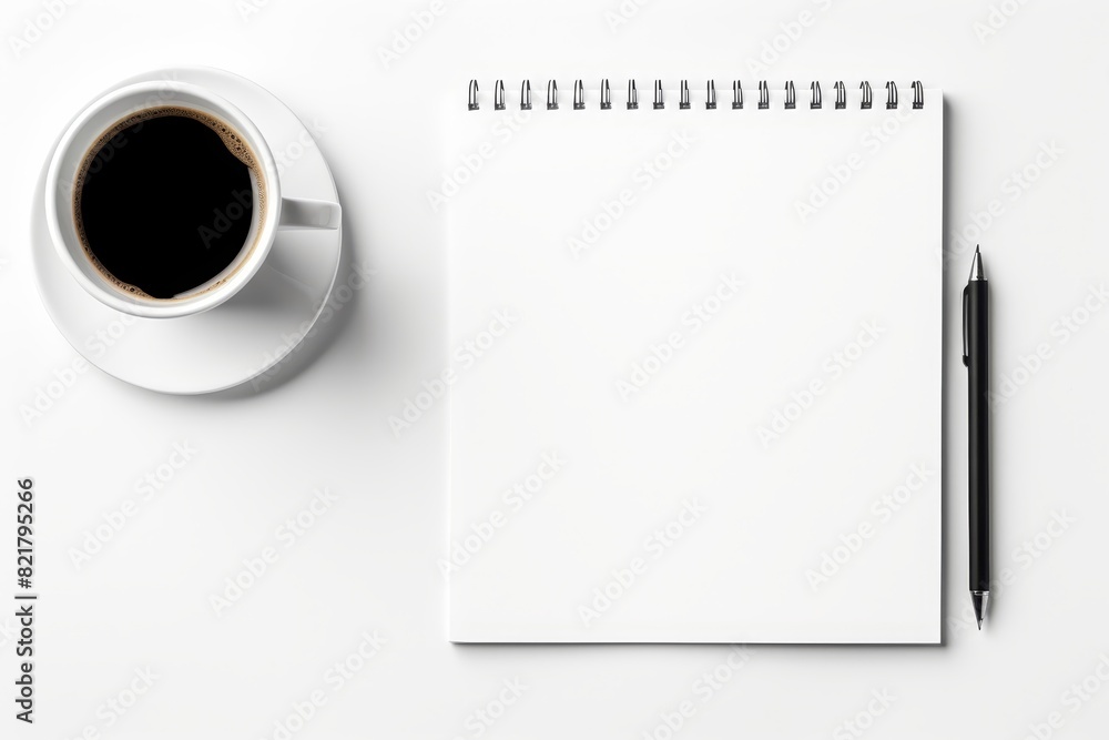 Coffee cup and notebook on white background with room for text Coffee cup and notebook on white background with room for text