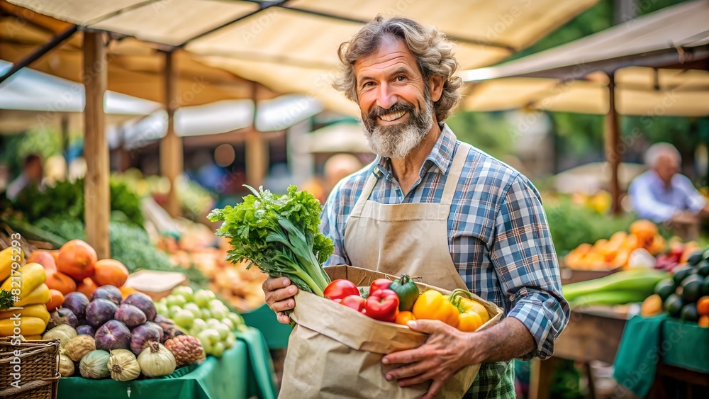 Cheerful Street Vendor Selling Sustainable Local Fruits and Vegetables at Small Farm Market - Happy Middle-Aged Man Filling Recycled Paper Shopping Bag with Natural Food Cheerful Street Vendor Selling Sustainable Local Fruits and Vegetables at Small Farm Market - Happy Middle-Aged Man Filling Recycled Paper Shopping Bag with Natural Food