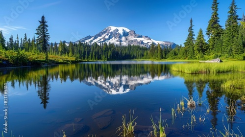 The reflection of the snow-capped mountain in the lake is beautiful. The sky is blue and the air is fresh. This is a great place to relax and enjoy the scenery.