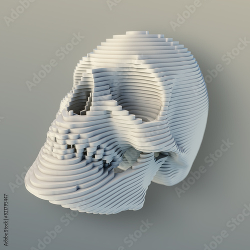 3d rendering skull sculpture formed by a series of white stripes