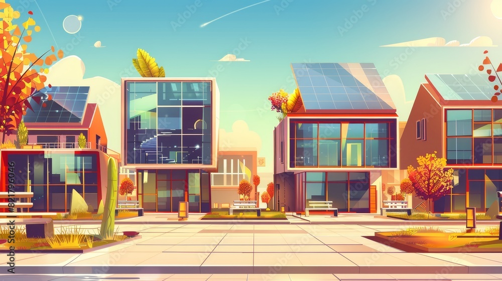 City with green houses, autumn landscape, modern architecture with solar panels, plants growing on roofs or balconies, park at front yard with paving, trees, benches Cartoon modern illustration