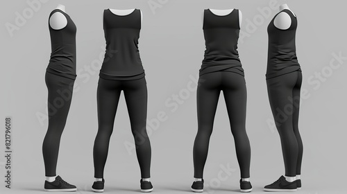 3d modern tight pants and sleeveless tank top blank mockup template. White avd black female clothing realistic template front and rear. Girls summer garment, isolated outfit design mockup. photo