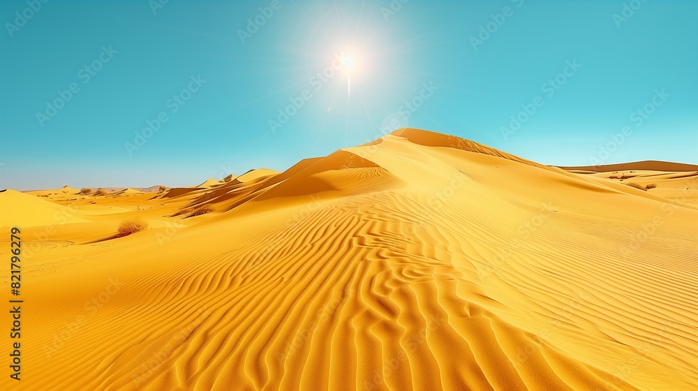 Shimmering Golden Sand Dunes Under a Clear Cyan Sky, Hot Desert Day