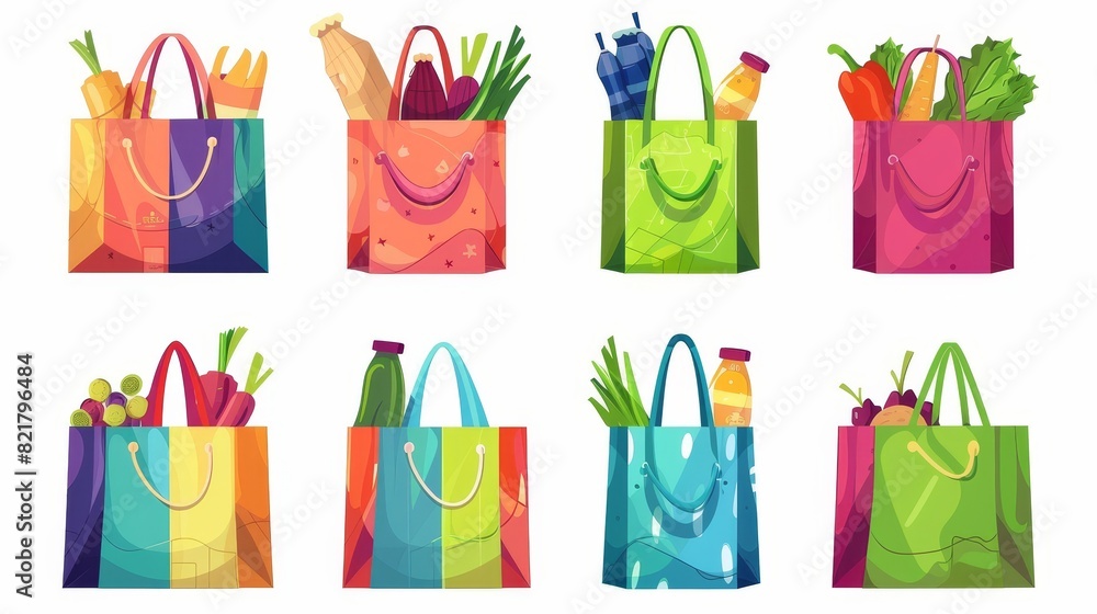 A cartoon illustration of cloth totes with groceries illustrates an eco bag save planet concept. Modern banners of environment protection and eco care are accompanied with a cartoon illustration of A cartoon illustration of cloth totes with groceries illustrates an eco bag save planet concept. Modern banners of environment protection and eco care are accompanied with a cartoon illustration of